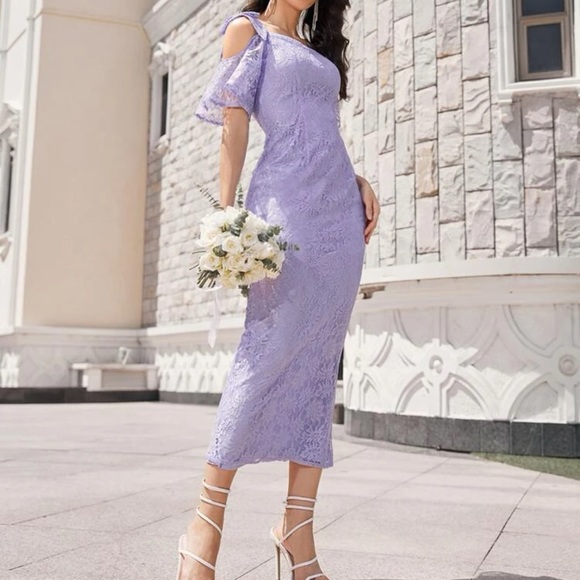 Cold Shoulder Short Sleeve Lace Dress Below Knee Length Purple Extra Small - Picture 8 of 14